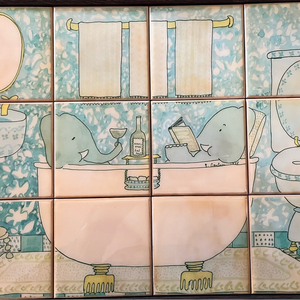 This is an unusual heavy tile picture. Vintage. Darling. Babar in the tub